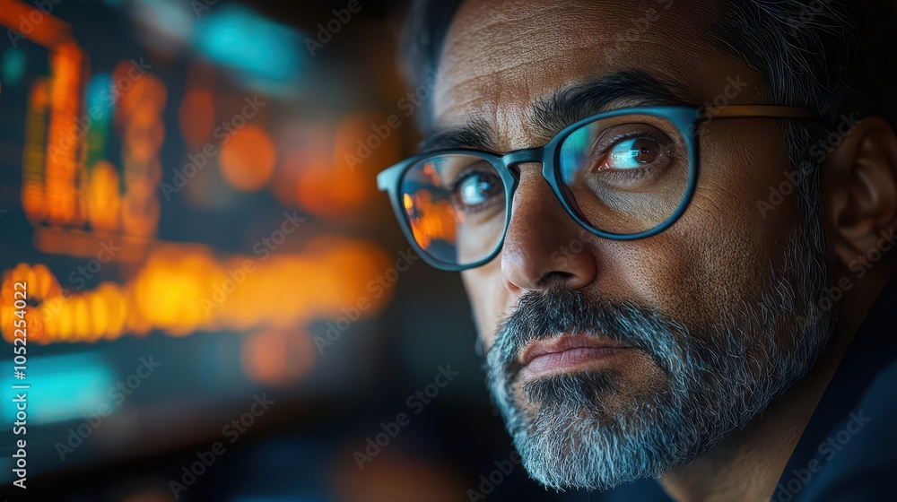mature indian or latin businessman focused on his computer, analyzing market data in a modern office. the image reflects determination and strategic thinking within the contemporary business landscape mature indian or latin businessman focused on his computer, analyzing market data in a modern office. the image reflects determination and strategic thinking within the contemporary business landscape