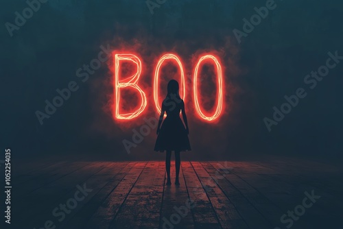 Creepy Boo written in eerie smoke, shadowy figure in the background photo