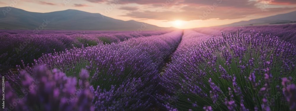 Obraz premium Lavender Serenity, vibrant lavender blossoms blanket the rolling hills, creating a tranquil and aromatic landscape under the clear blue sky