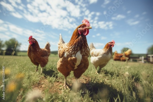 Free-range chickens poultry animal field. photo