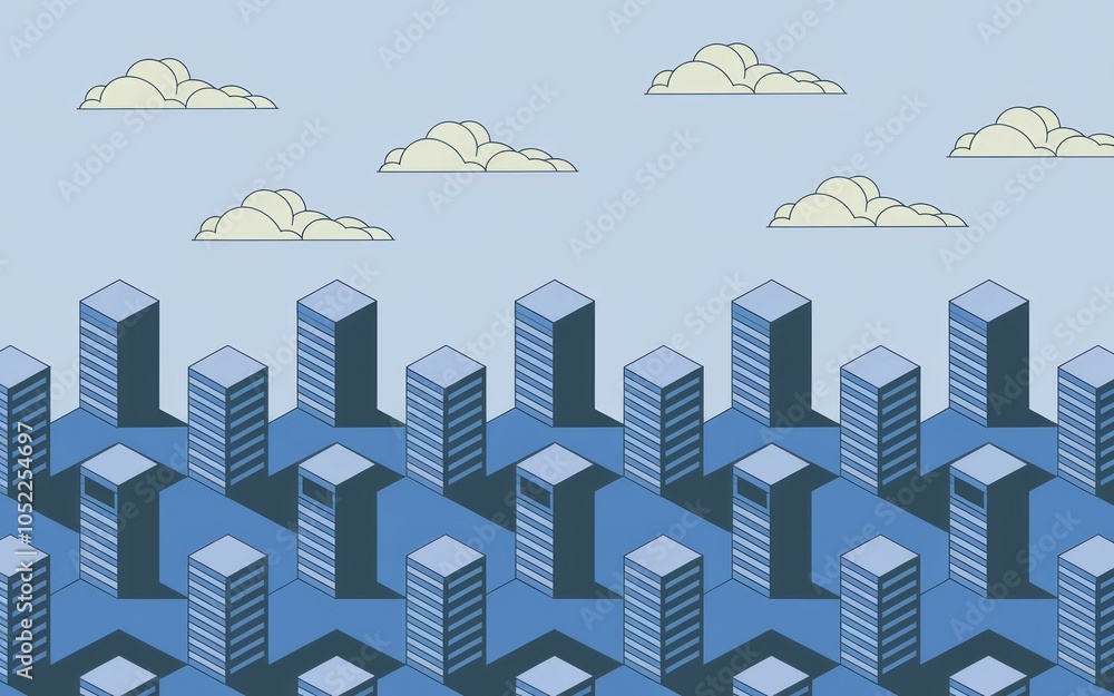 Obraz premium Cityscape skyline illustration. Modern city illustration, depicting urban growth and a sense of calm under a tranquil sky. Represents progress and serenity.