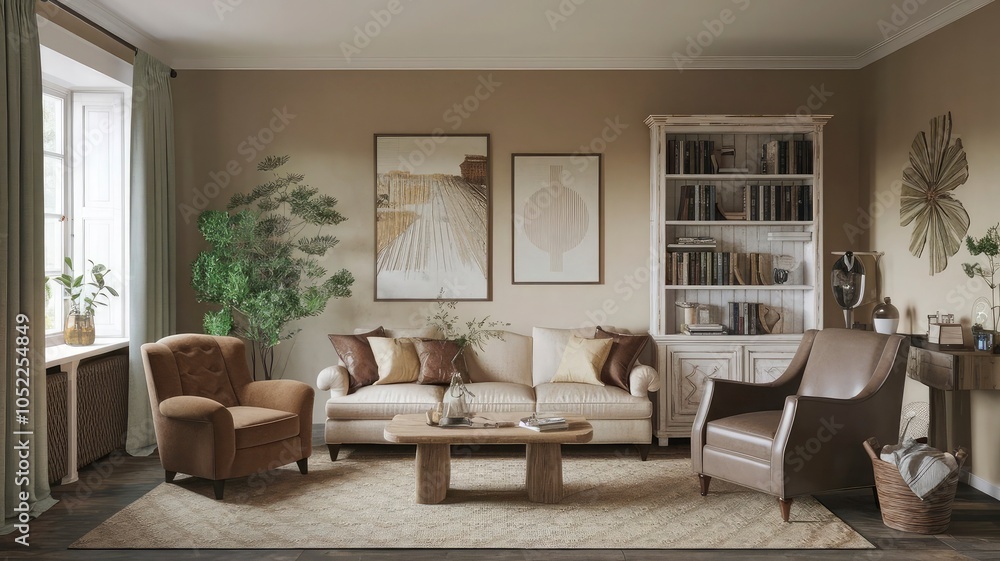 Fototapeta premium A living room with a couch chairs and a table with plants.