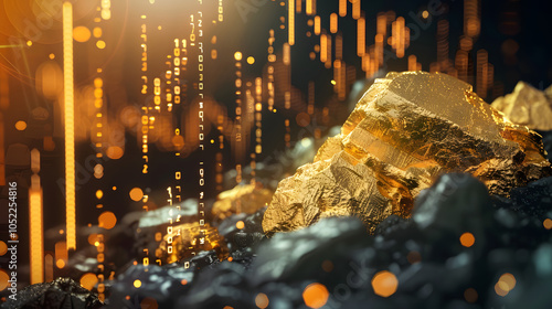 Gold nugget surrounded by glowing digital code streams, symbolizing the concept of digital currency, blockchain, and data mining