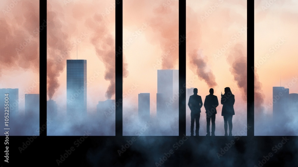 Fototapeta premium Silhouettes of four figures stand by a window, gazing at a smoky city skyline at dawn, creating a mysterious and atmospheric scene.