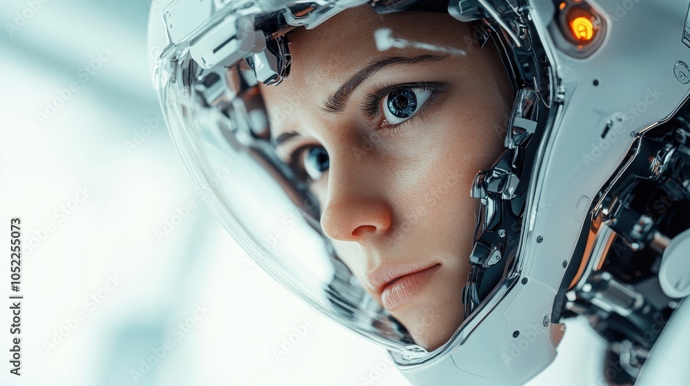 A close-up of a humanlike robot with realistic features and a transparent helmet, reflecting the bridge between humans and machines through advanced AI design. A close-up of a humanlike robot with realistic features and a transparent helmet, reflecting the bridge between humans and machines through advanced AI design.
