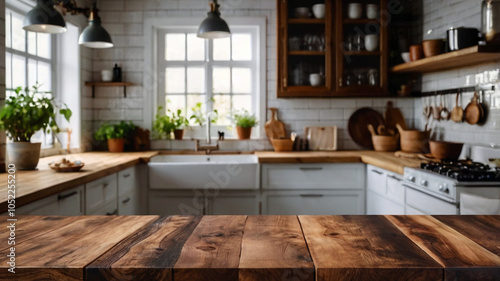 Wood table top on blur kitchen room background For montage product display or design key visual layout 