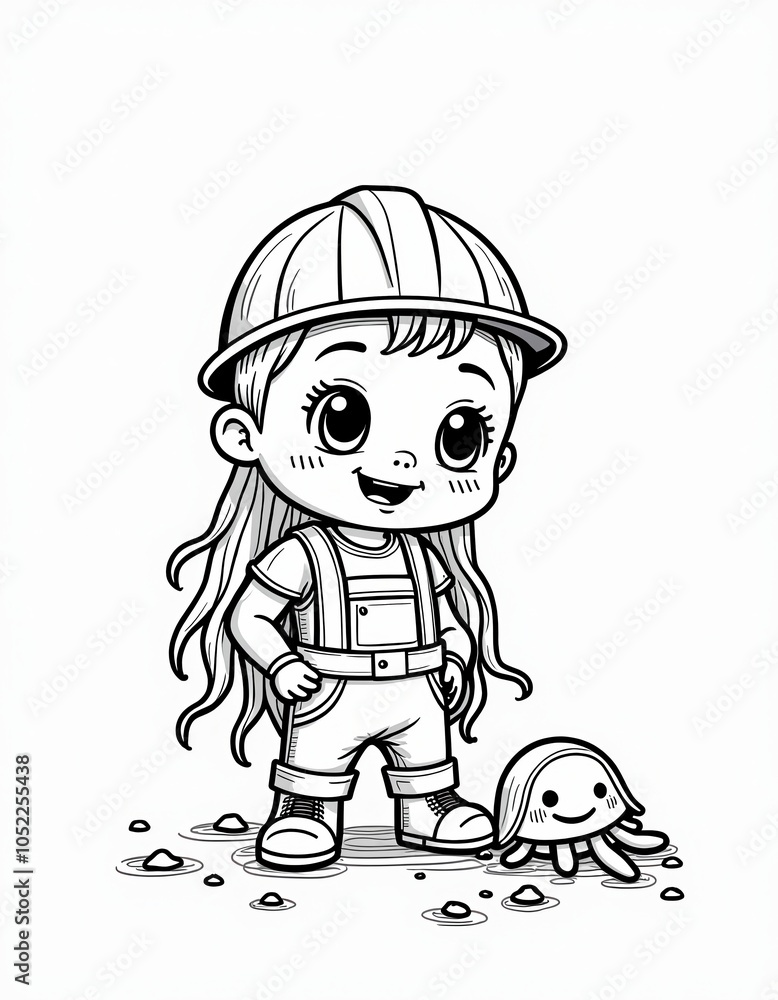 Cute Cartoon Girl in Construction Helmet with Jellyfish Cute Cartoon Girl in Construction Helmet with Jellyfish