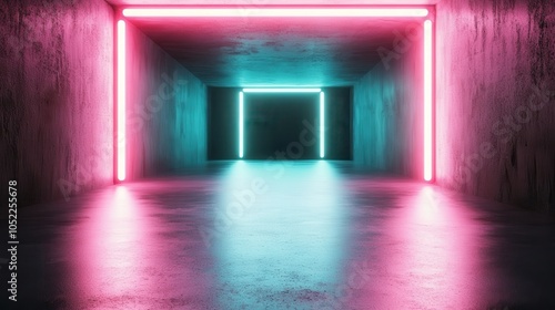 An empty corridor features dual-neon lights in striking pink and blue hues, creating a bold and dramatic visual impact that enhances the space's modern aesthetic. photo