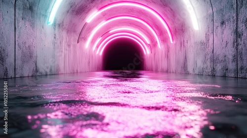 A water-filled tunnel glows with neon pink arches, casting reflections along its surface and creating a mesmerizing, futuristic ambiance that captivates explorers. photo