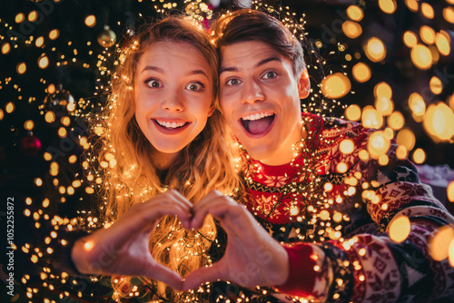 Photo of nice young couple excited show heart symbol wear christmas clothes enjoy cozy x-mas party decoration interior flat indoors