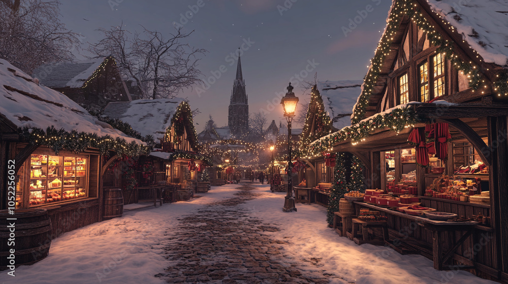 Snowy Christmas Village Street with Market Stalls and Festive Lights Snowy Christmas Village Street with Market Stalls and Festive Lights