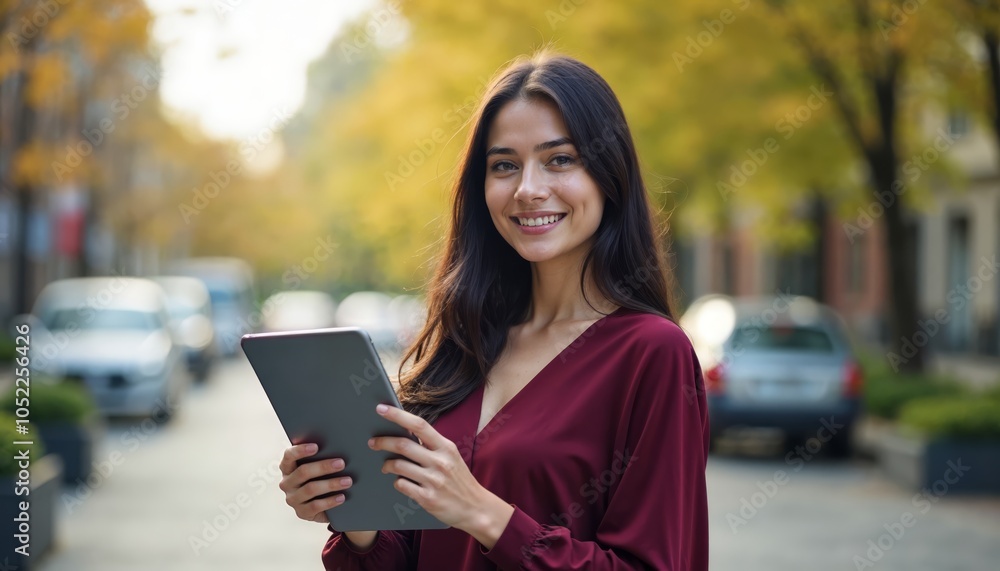 Fototapeta premium Smiling Young Woman Holding a Tablet Outdoors in a Bustling City Environment, Perfect for Technology and Lifestyle Themes