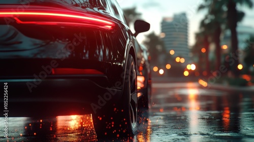 A powerful, dark-toned car with glowing rear lights races along a wet road, its dynamic motion highlighted by reflections and spark-like effects on the sleek surface. photo