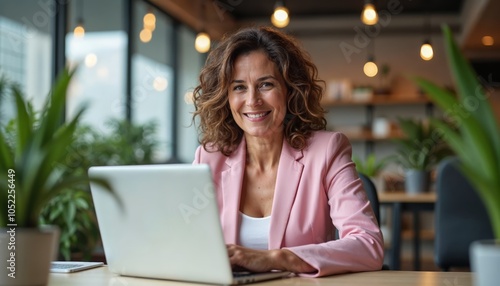 Cheerful Businesswoman Working Remotely from a Modern Office Space, Ideal for Articles on Remote Work and Professionalism photo