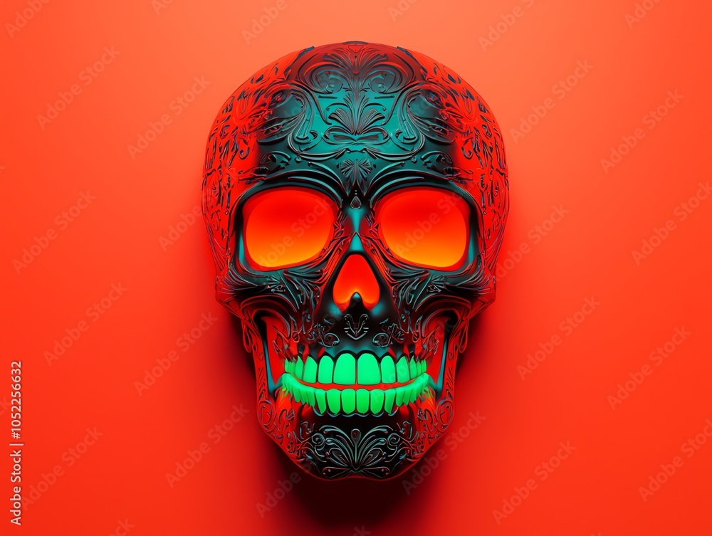 Glowing sugar skull with intricate designs, vibrant orange and green hues, radiant light Glowing sugar skull with intricate designs, vibrant orange and green hues, radiant light