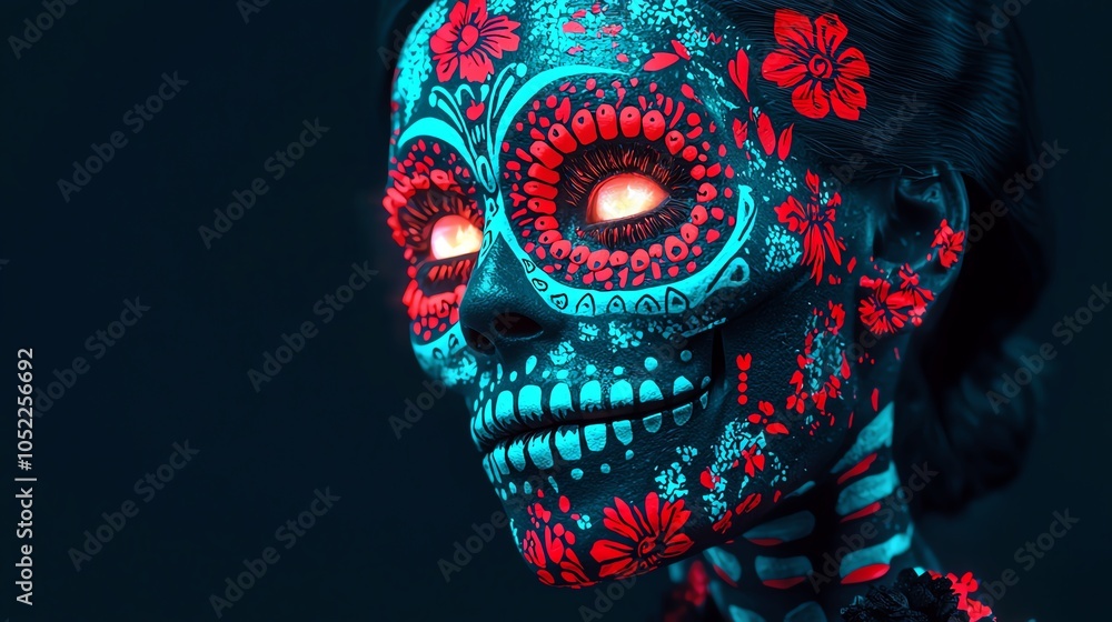 Glowing sugar skull with neon blue and red floral patterns, radiant eyes, dark setting Glowing sugar skull with neon blue and red floral patterns, radiant eyes, dark setting
