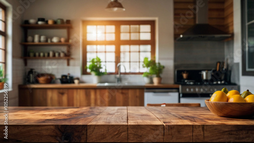 Wood table top on blur kitchen room background For montage product display or design key visual layout
