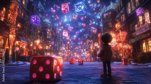 Magical winter street with colorful floating dice, ideal for festive decor, wall art, posters, holiday themes, and enchanting backgrounds for celebrations. photo