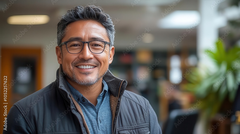 Fototapeta premium middle-aged hispanic business manager confidently using a mobile app on his smartphone, smiling in an office environment that emphasizes professionalism and approachability, inviting engagement