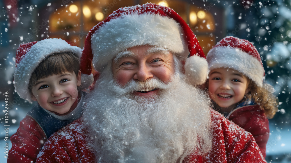 Father Christmas posing with Children inside a snowy house smiling Father Christmas posing with Children inside a snowy house smiling