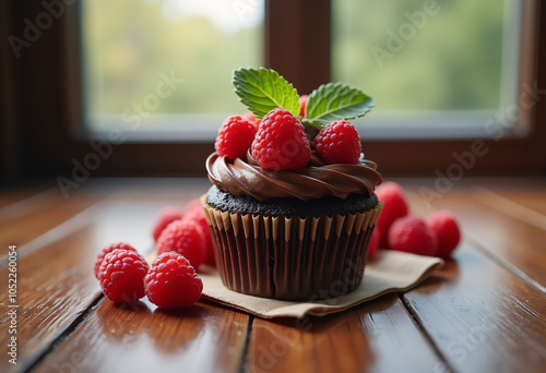 Chocolate cupcake side window on wood floor