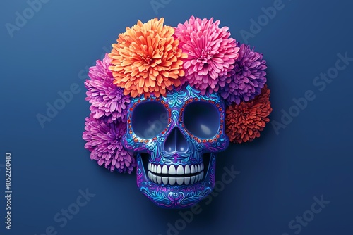 Neoncolored sugar skull with vibrant orange and purple flowers, glowing in the dark photo