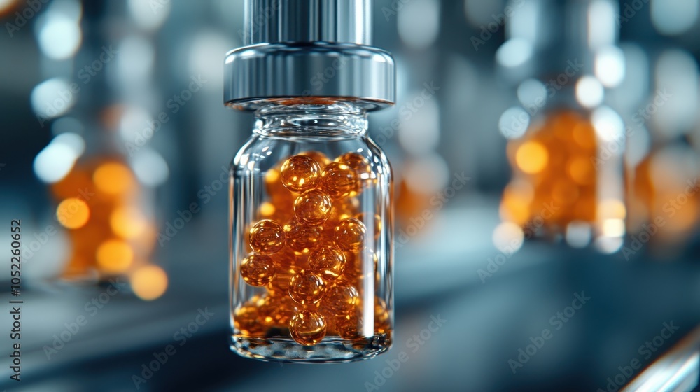 Close-up view of vials containing orange capsules hanging on an assembly line, showcasing pharmaceutical production and modern manufacturing techniques. Close-up view of vials containing orange capsules hanging on an assembly line, showcasing pharmaceutical production and modern manufacturing techniques.