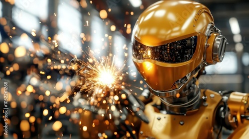 A futuristic robot is depicted welding with sparks flying, highlighting technological advancement, industrial automation, and the blend of robotics with craftsmanship. photo