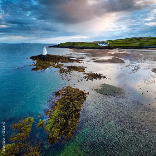 aerial view of low tide seascape beautiful drone point of view fly of irish coast line at low tide in the background lighthouse calm sea in a cloudy day photo