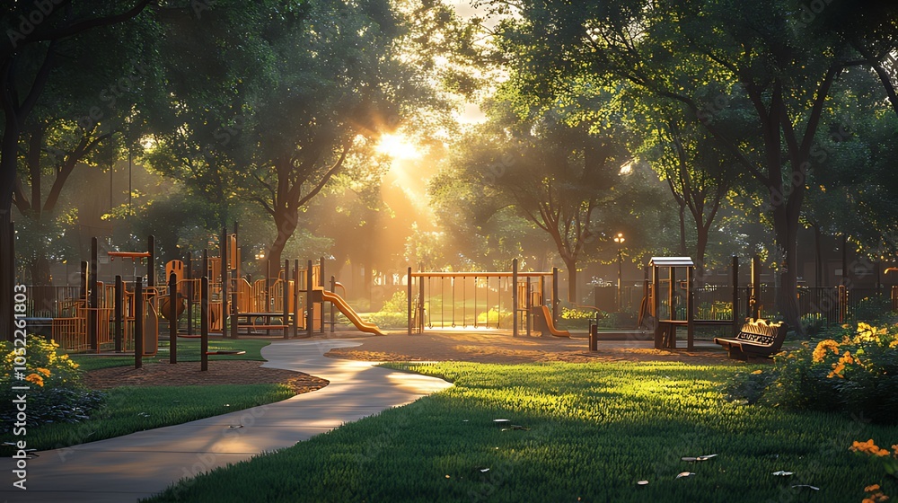 Obraz premium A sun-drenched playground in a park with a winding pathway leading to a swing set, slide, and other equipment. The morning sunlight filters through the trees, creating a warm and inviting atmosphere.