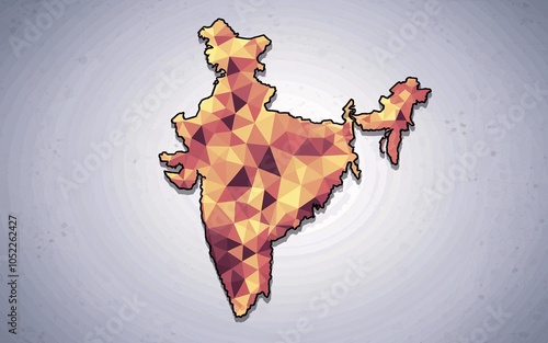 Abstract geometric map of India in yellow, orange, and red colors on a white background.