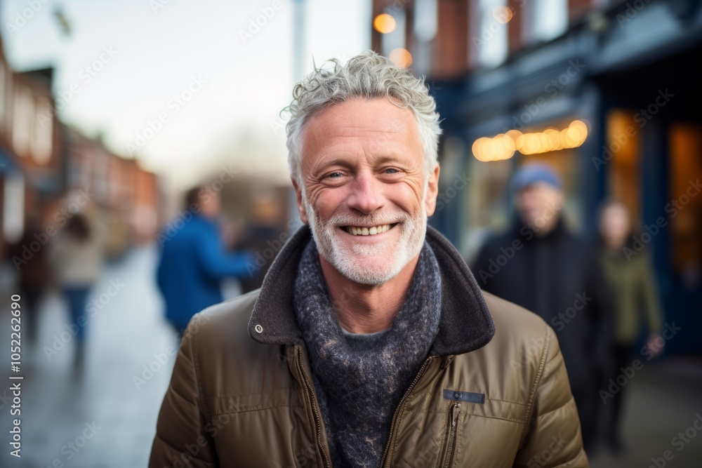 Portrait of a senior man smiling at the camera while walking in the street. Portrait of a senior man smiling at the camera while walking in the street.