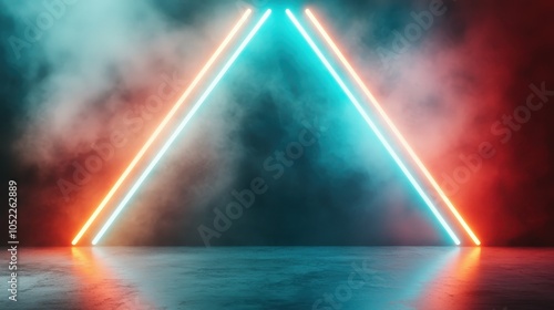 A set of glowing neon lights form a triangle in a smoky room. The red and blue lights create a mesmerizing contrast, inducing a sense of mystery and innovation. photo