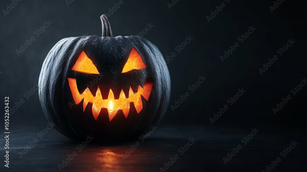 A spooky black pumpkin with sharp teeth glowing warmly for Halloween. A spooky black pumpkin with sharp teeth glowing warmly for Halloween.