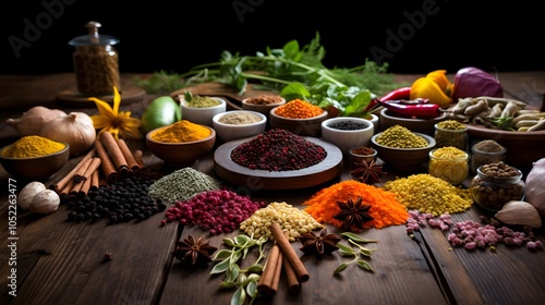 Aromatic herbs and spices arranged on rustic wooden table