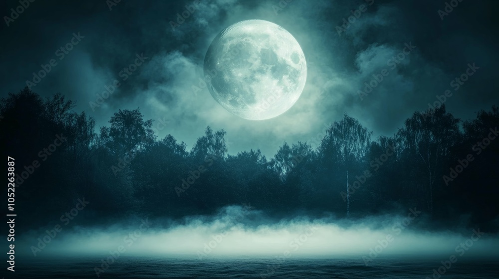 Eerie night scene with a full moon casting a mystical glow over foggy forest. Eerie night scene with a full moon casting a mystical glow over foggy forest.