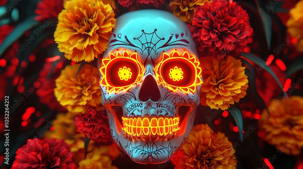 Sugar skull in neon colors with glowing marigolds, intricate yellow and red details Sugar skull in neon colors with glowing marigolds, intricate yellow and red details