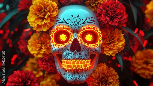 Sugar skull in neon colors with glowing marigolds, intricate yellow and red details photo