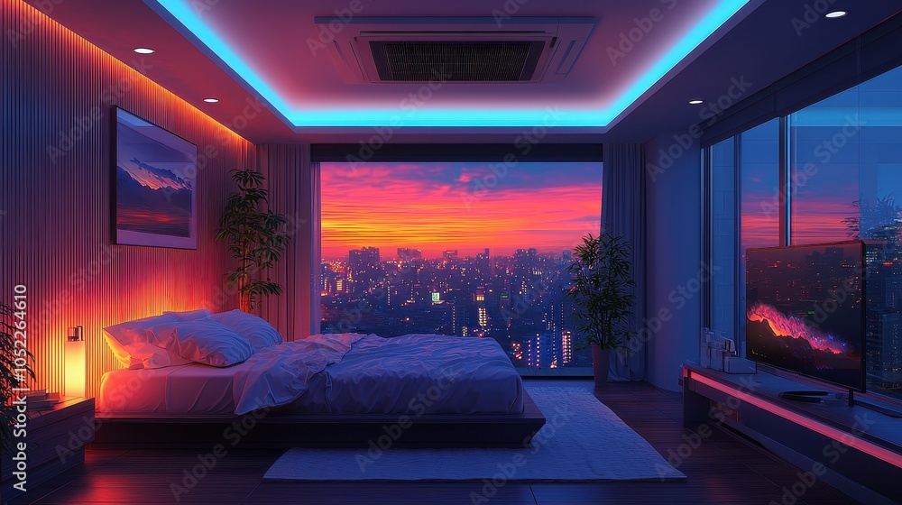 A high-end bedroom where ceiling-mounted LEDs mimic natural light cycles, providing the perfect environment for a restful night’s sleep and a gentle morning wake-up A high-end bedroom where ceiling-mounted LEDs mimic natural light cycles, providing the perfect environment for a restful night’s sleep and a gentle morning wake-up