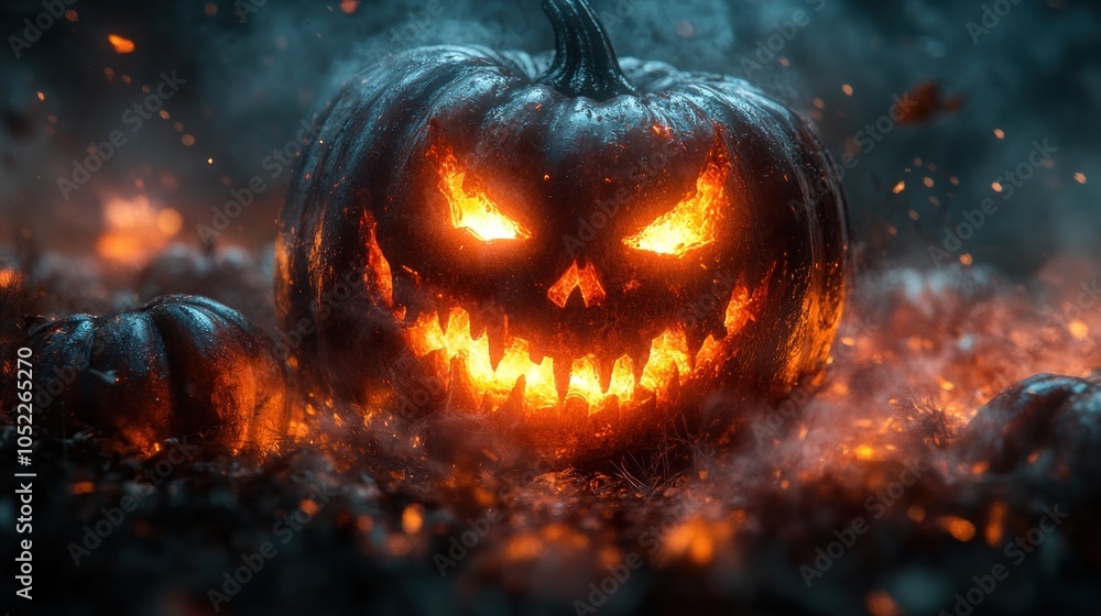 Naklejka premium A glowing, menacing jack-o'-lantern surrounded by smaller pumpkins.