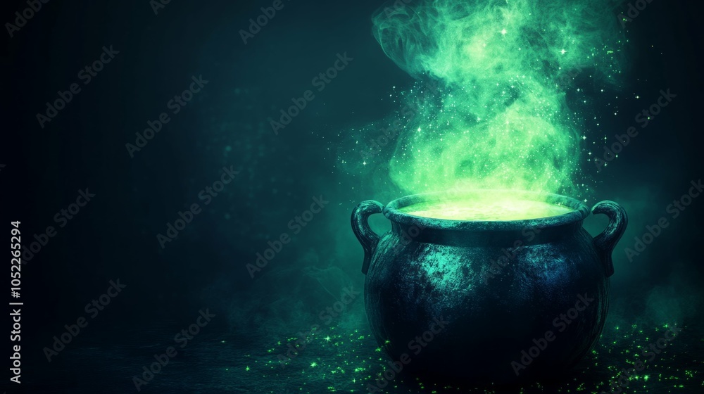 A dark cauldron with green mystical smoke swirling above it. A dark cauldron with green mystical smoke swirling above it.