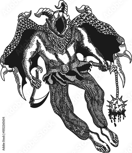 Download now and experience the authenticity of this Detailed vector engraving of a chimera warrior. Bony wings, horns, and a deep, cosmic facial cavity. Wielding a sickle and spiked battle pose. 