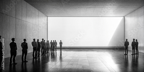 Image noir et blanc d'un groupe d'hommes regardant un écran blanc dans une grande pièce futuriste photo