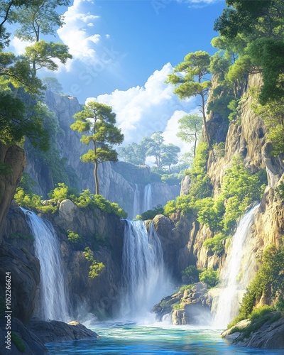 waterfall in Canyon realistic photo, sunlit canyon with tall trees on the cliffs, waterfall creating a lively, shimmering effect, capturing the movement of water with lush greenery around the pool .