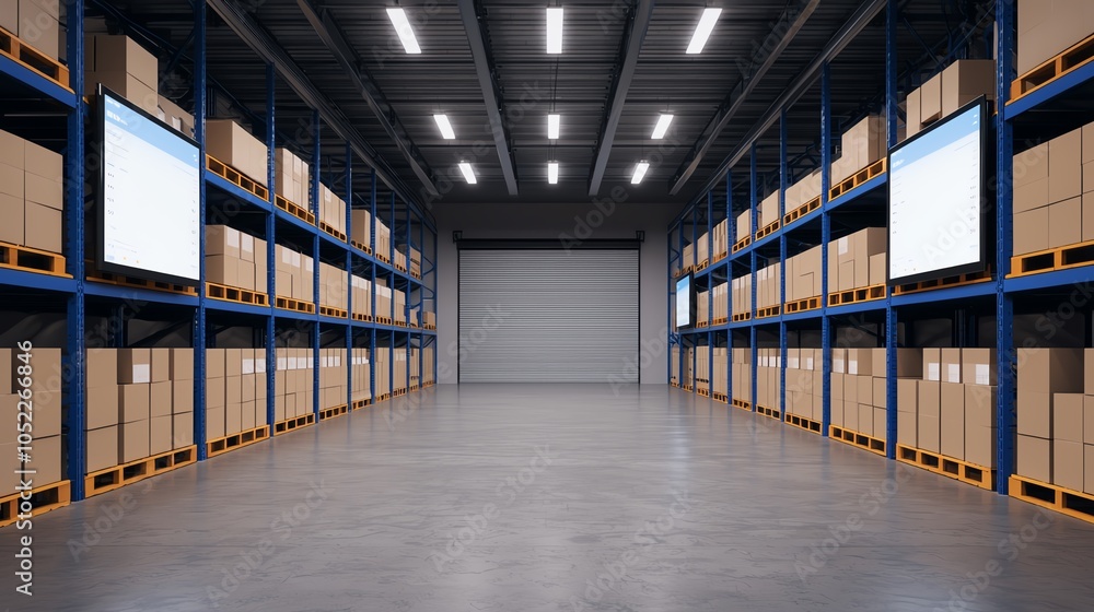 Warehouse with digital screens showing inventory status, realtime logistics Warehouse with digital screens showing inventory status, realtime logistics
