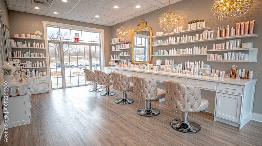 Obraz premium A modern beauty salon with white furniture, gold accents, and a large window overlooking a parking lot.