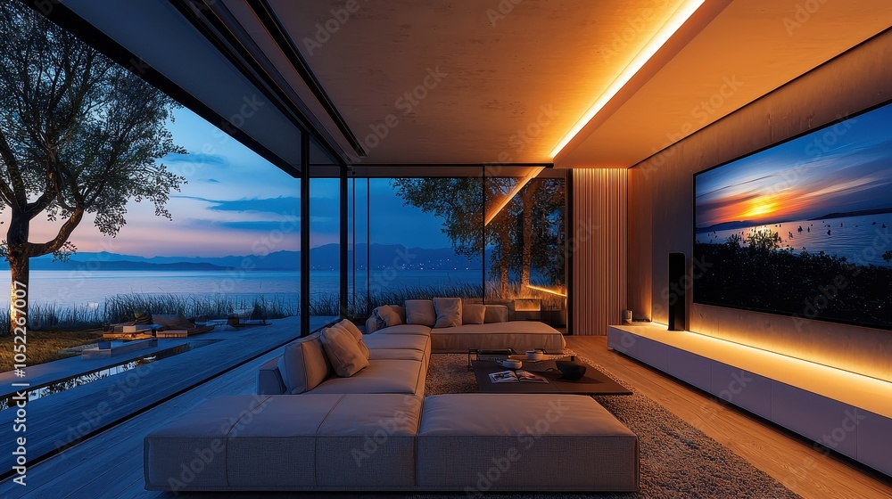 custom made wallpaper toronto digitalA sleek living room with a wall that doubles as a display screen, showing tranquil landscapes in high-definition for relaxation. Smart LED lighting gently adjusts based on the mood setting, 
