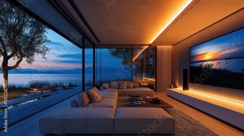 Wallpaper Mural A sleek living room with a wall that doubles as a display screen, showing tranquil landscapes in high-definition for relaxation. Smart LED lighting gently adjusts based on the mood setting,  Torontodigital.ca