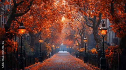 Photography London street lined with autumn trees and classic black lampposts: A charming Lo