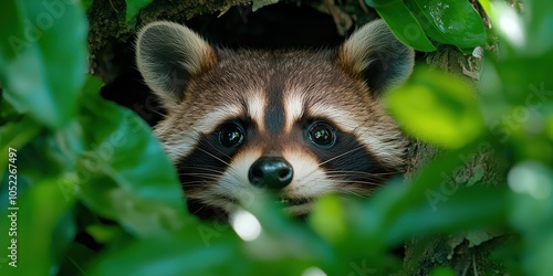 Curious Raccoon Peeking from Green Bushes Wildlife Photography